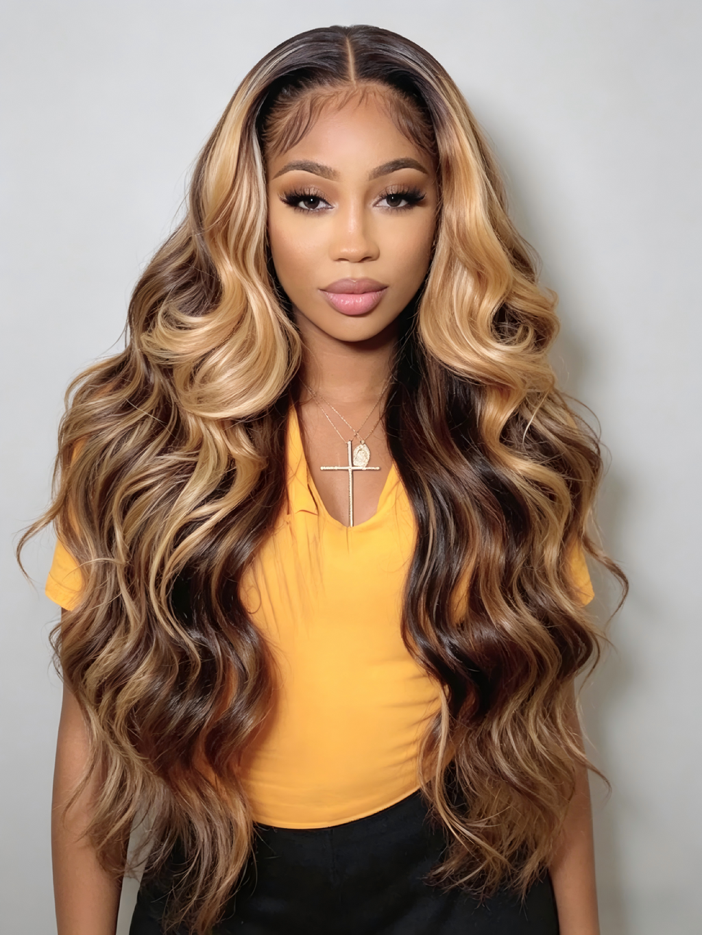Highlight Body Wave Lace Front Wig – P4/27 Honey Blonde, 100% Human Hair HD Lace Glueless