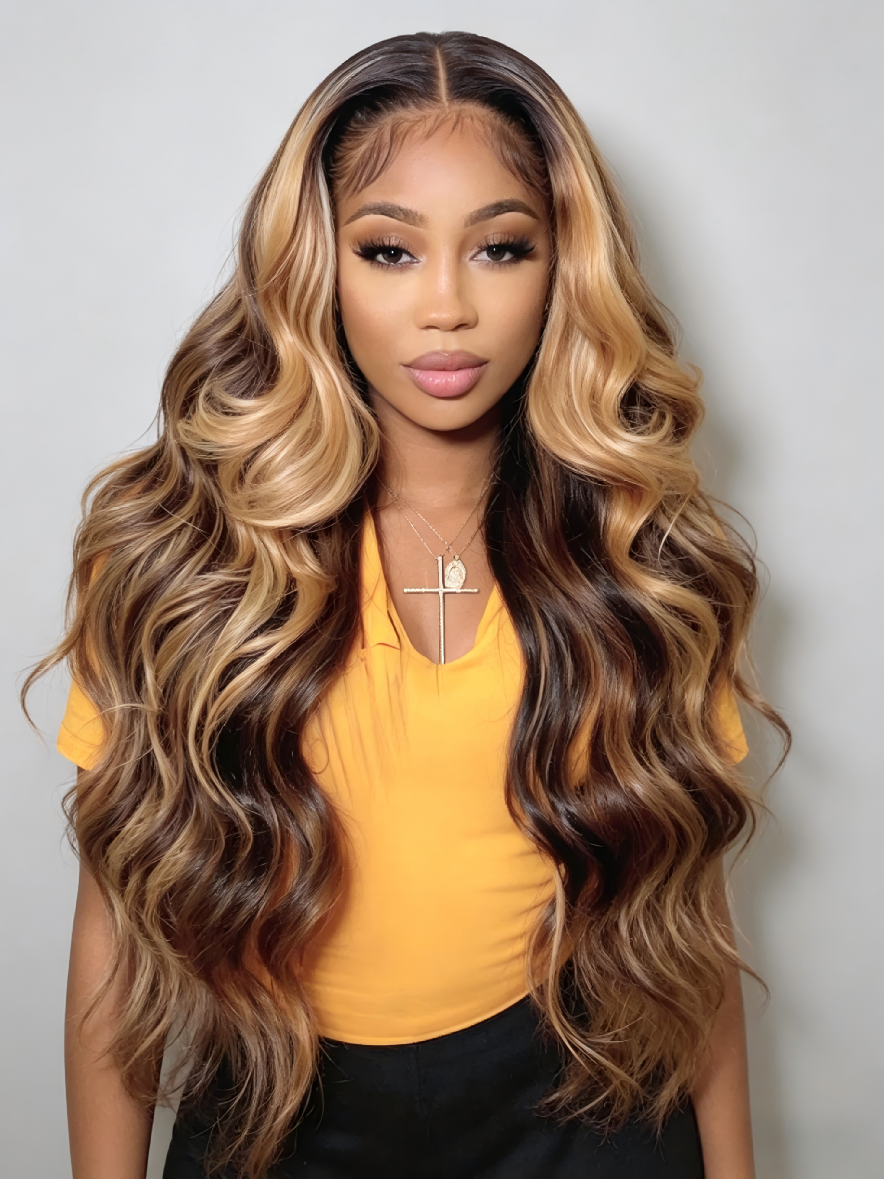 Highlight Body Wave Lace Front Wig – P4/27 Honey Blonde, 100% Human Hair HD Lace Glueless