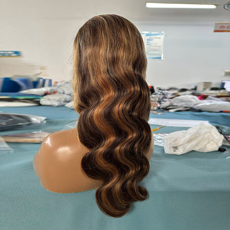 Highlight Body Wave Lace Front Wig – P4/27 Honey Blonde, 100% Human Hair HD Lace Glueless