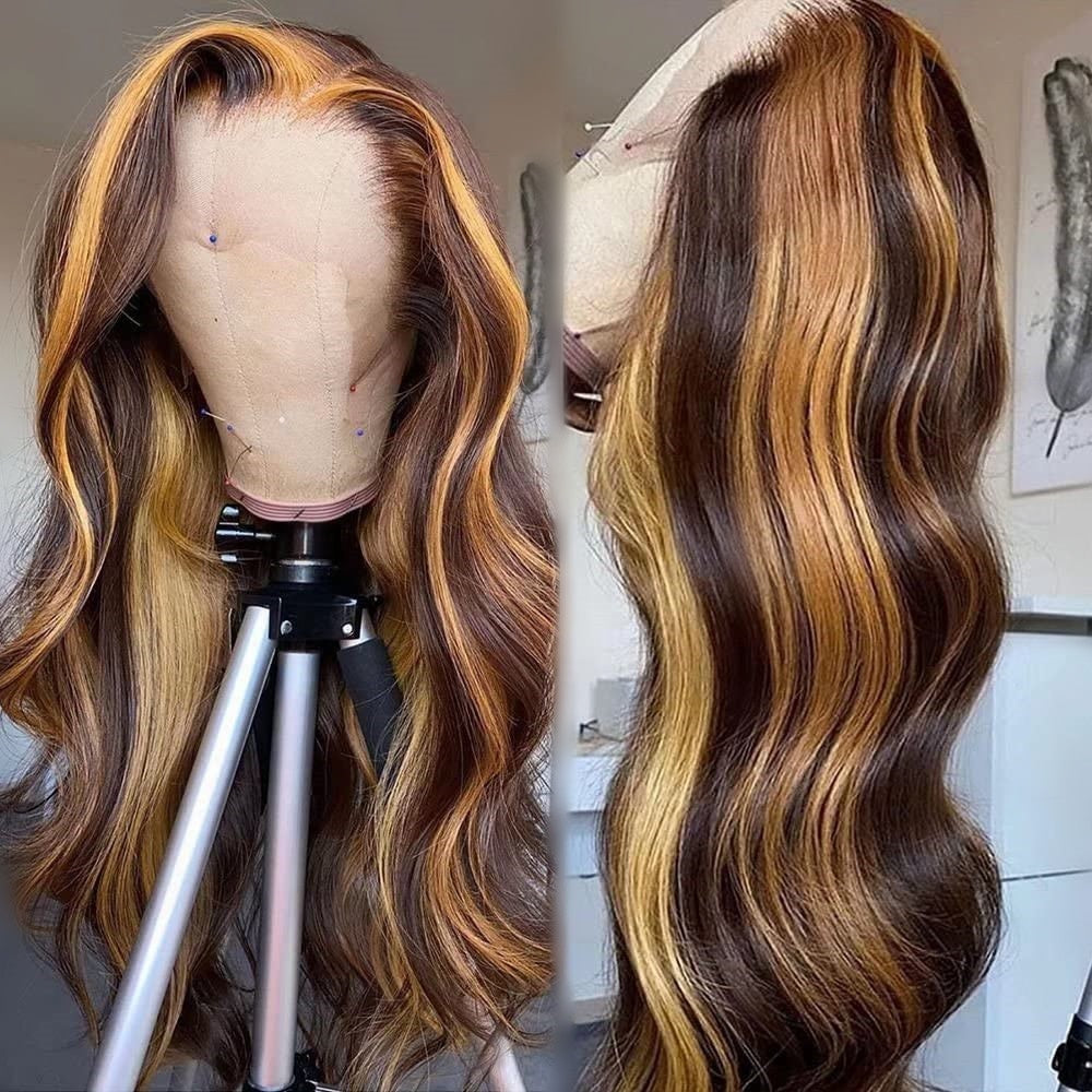 Highlight Body Wave Lace Front Wig – P4/27 Honey Blonde, 100% Human Hair HD Lace Glueless
