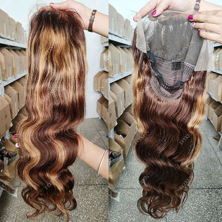 Highlight Body Wave Lace Front Wig – P4/27 Honey Blonde, 100% Human Hair HD Lace Glueless