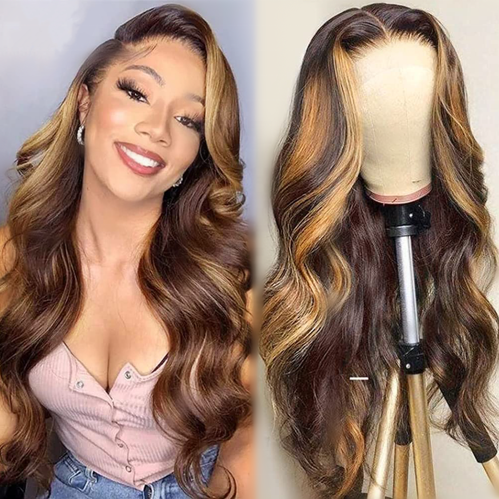 Highlight Body Wave Lace Front Wig – P4/27 Honey Blonde, 100% Human Hair HD Lace Glueless