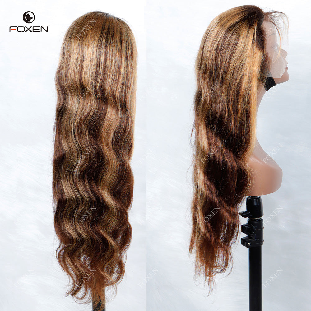 Highlight Body Wave Lace Front Wig – P4/27 Honey Blonde, 100% Human Hair HD Lace Glueless