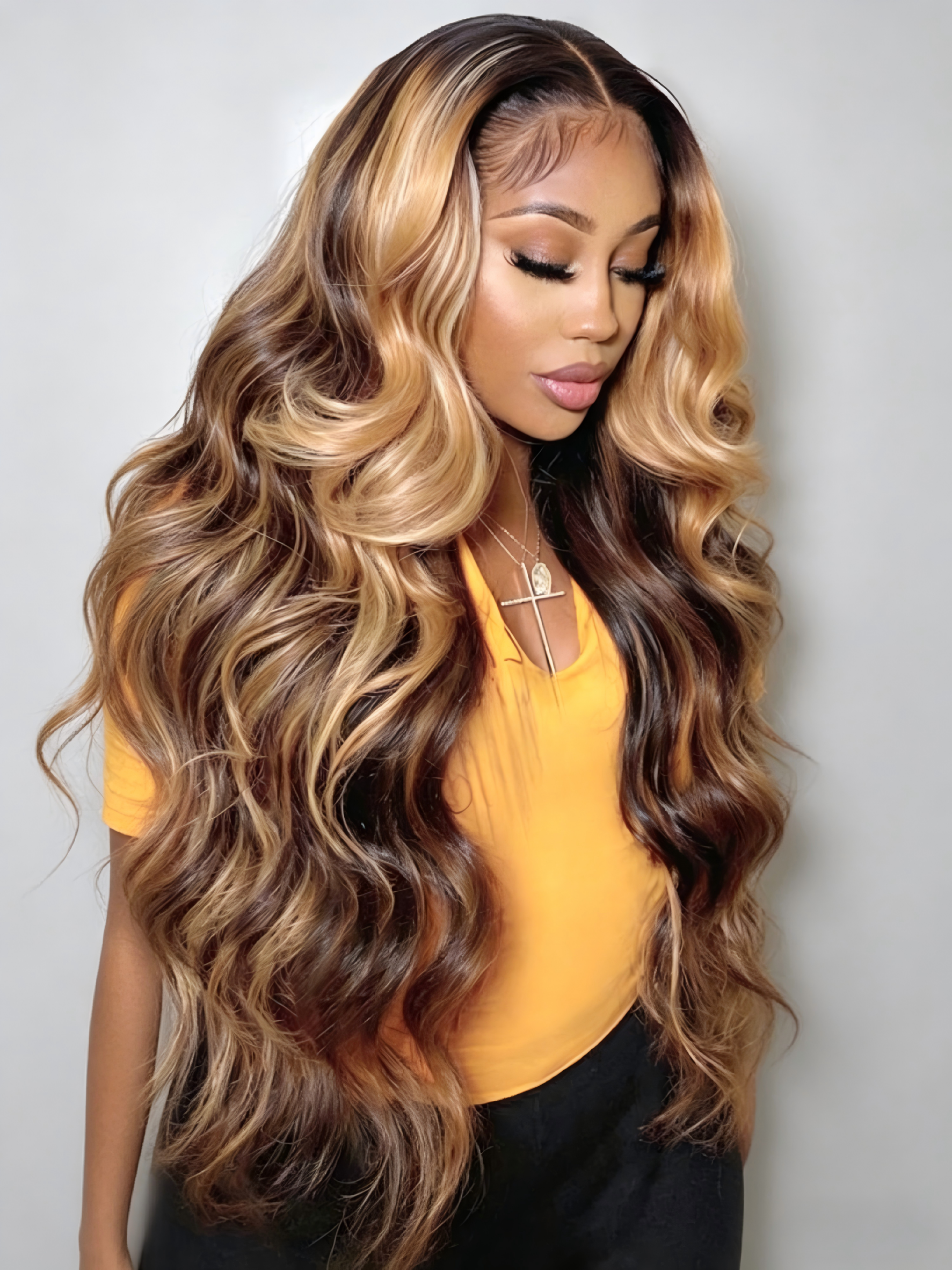 Highlight Body Wave Lace Front Wig – P4/27 Honey Blonde, 100% Human Hair HD Lace Glueless